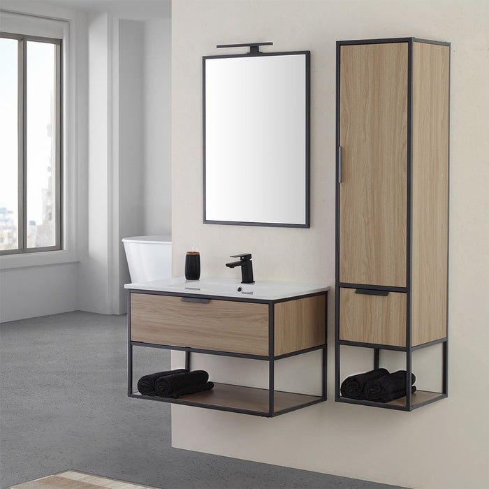 Colonna bagno sospesa H 150 cm stile industrial nero e legno Baketo