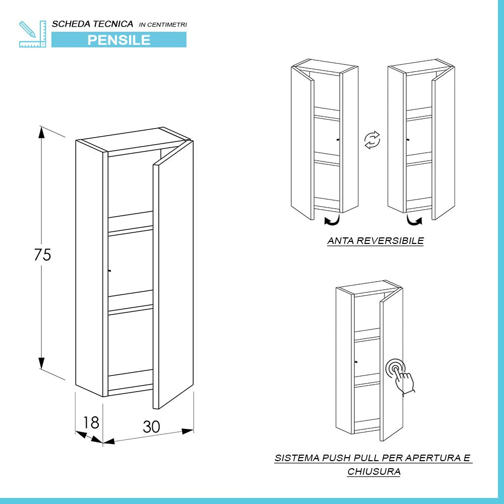 Colonna bagno sospeso H. 75 cm Master grigio cemento con anta reversibile