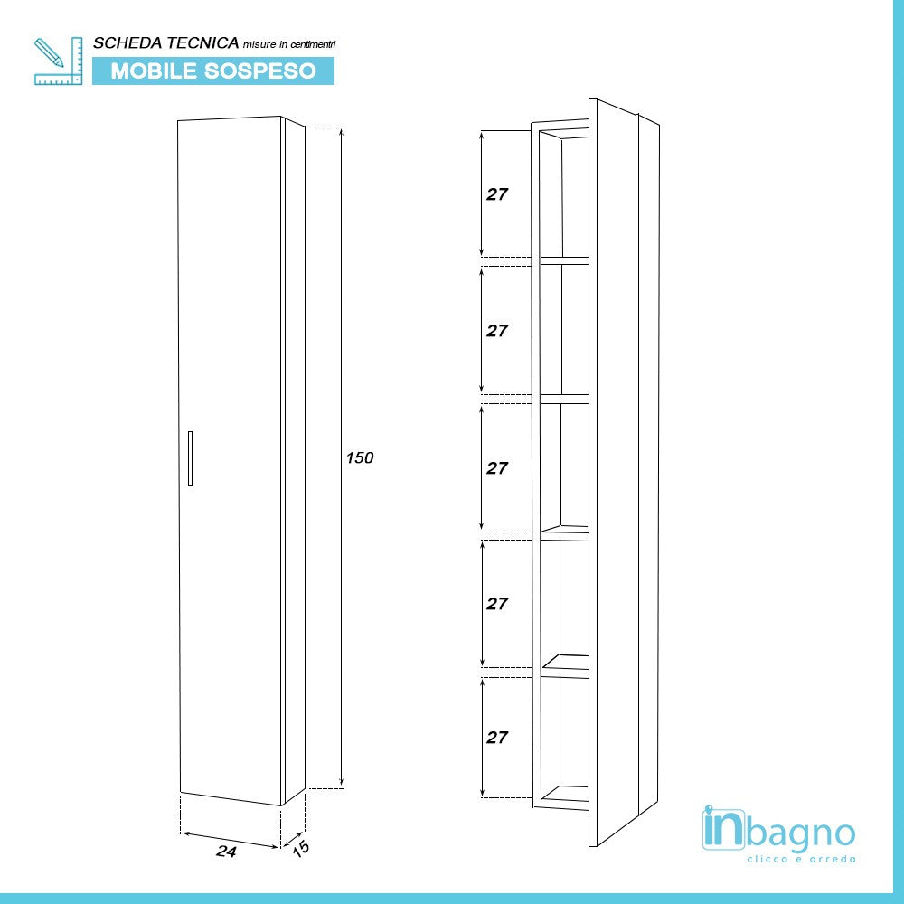 Pensile bagno sospeso H. 150 cm in legno grigio con anta reversibile 