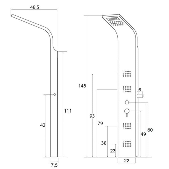 COLONNA PANNELLO DOCCIA IN ACCIAIO SATINATO H.150x22x45cm 4 FUNZIONI "NEW YORK" FERIDRAS 980002