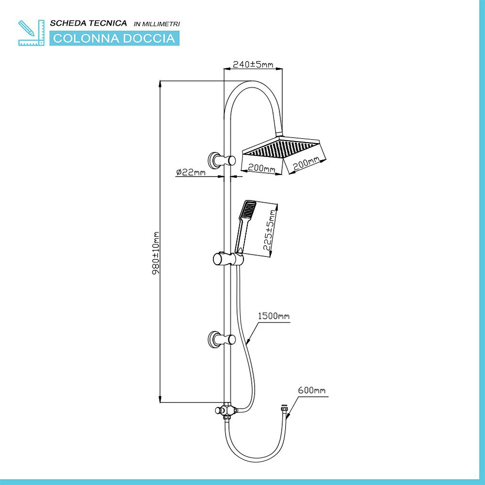 Colonna doccia acciaio cromato H 100 cm con soffione quadrato 20 cm e deviatore