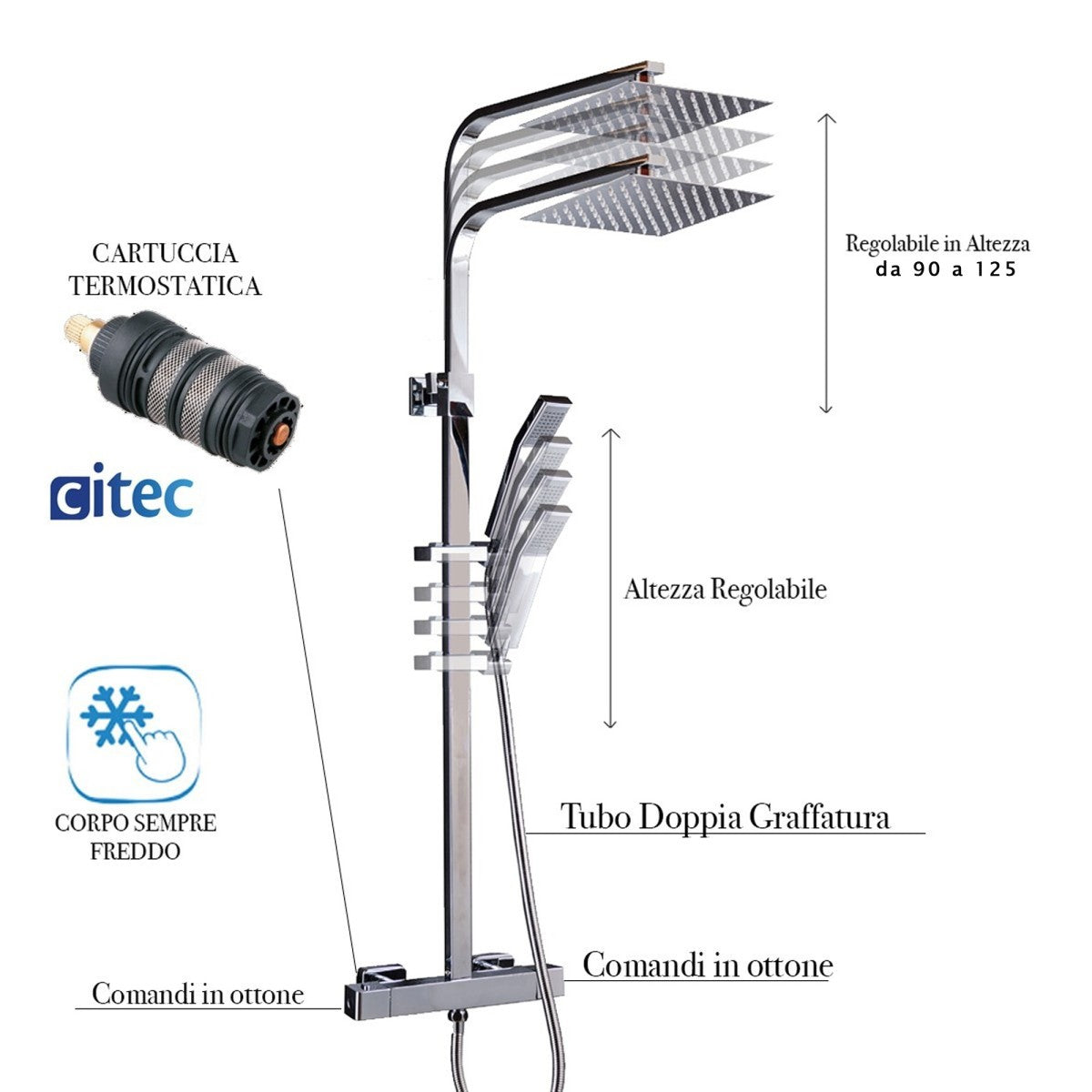 Colonna doccia termostatica quadrata con soffione 20x20 e doccino este