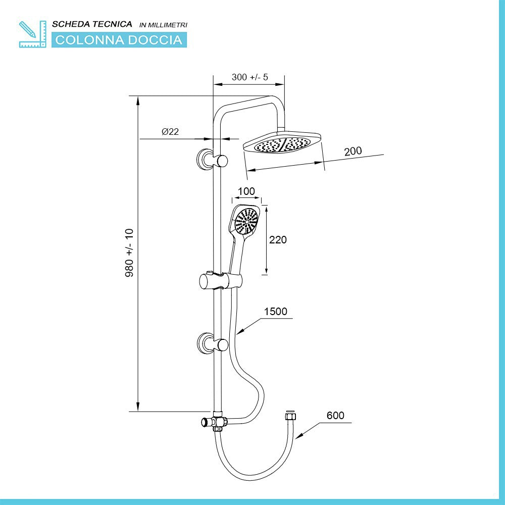 Colonna doccia cromata H 105 cm con deviatore in ottone