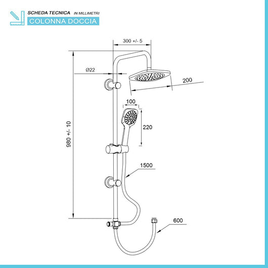 Colonna doccia cromata H 105 cm con deviatore in ottone