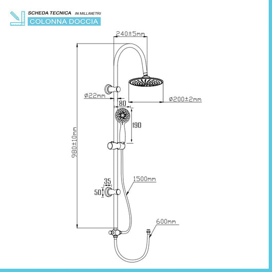 Colonna doccia H 100 cm in acciaio cromato con deviatore