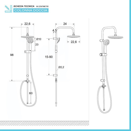 Colonna doccia cromata H 105 cm con deviatore design tondo