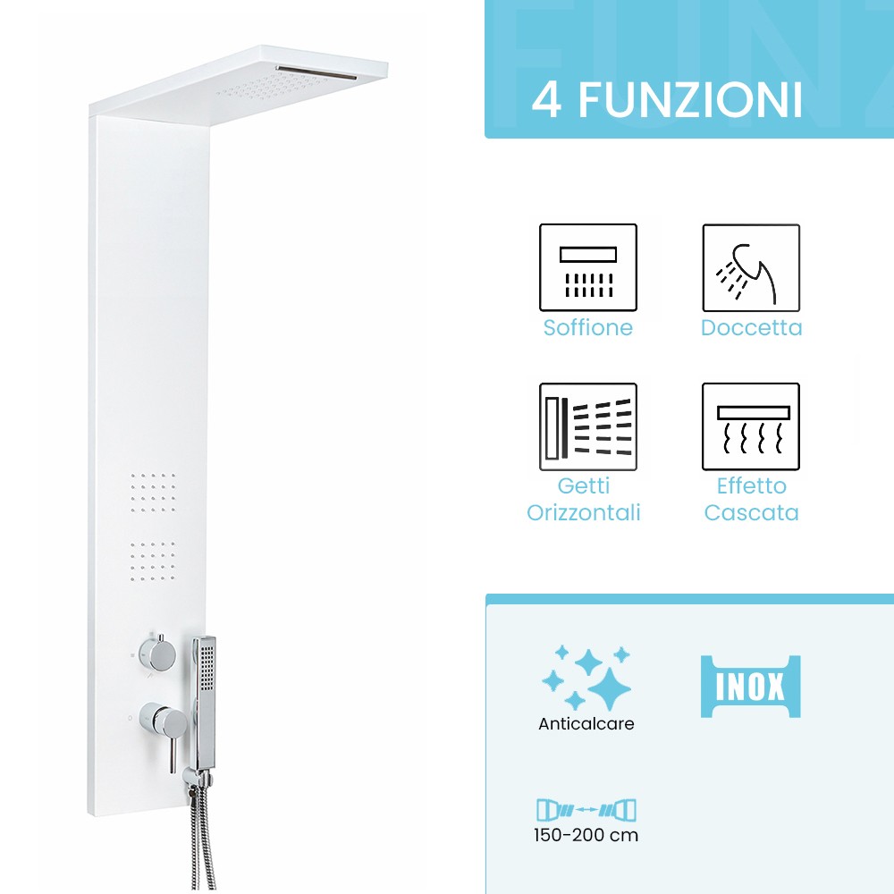 Colonna doccia multifunzione bianco opaco con 4 getti in acciaio inox