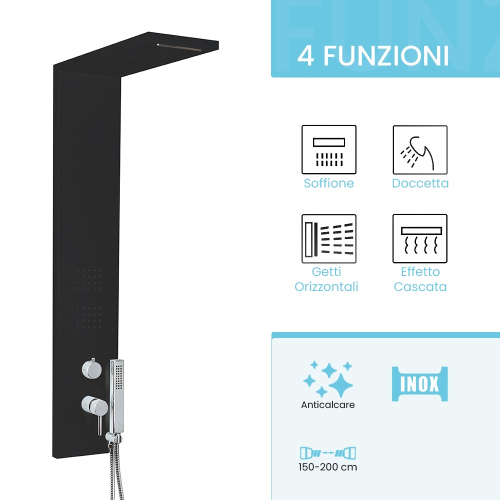 Colonna doccia multifunzione nero opaco con 4 getti in acciaio inox