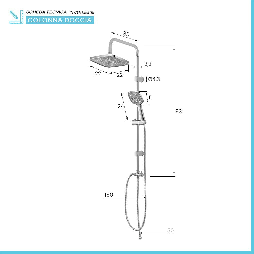 Colonna doccia regolabile H 93 con soffione quadrato in acciaio cromo
