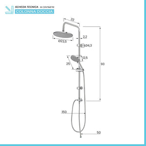 Colonna doccia regolabile H 93 in acciaio cromato con soffione tondo