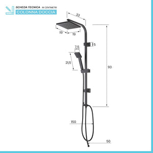 Colonna doccia regolabile H 93 in acciaio nero opaco soffione 19x19 