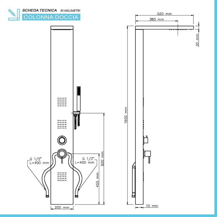 Colonna doccia satinata multi getto con 3 funzioni in acciaio inox