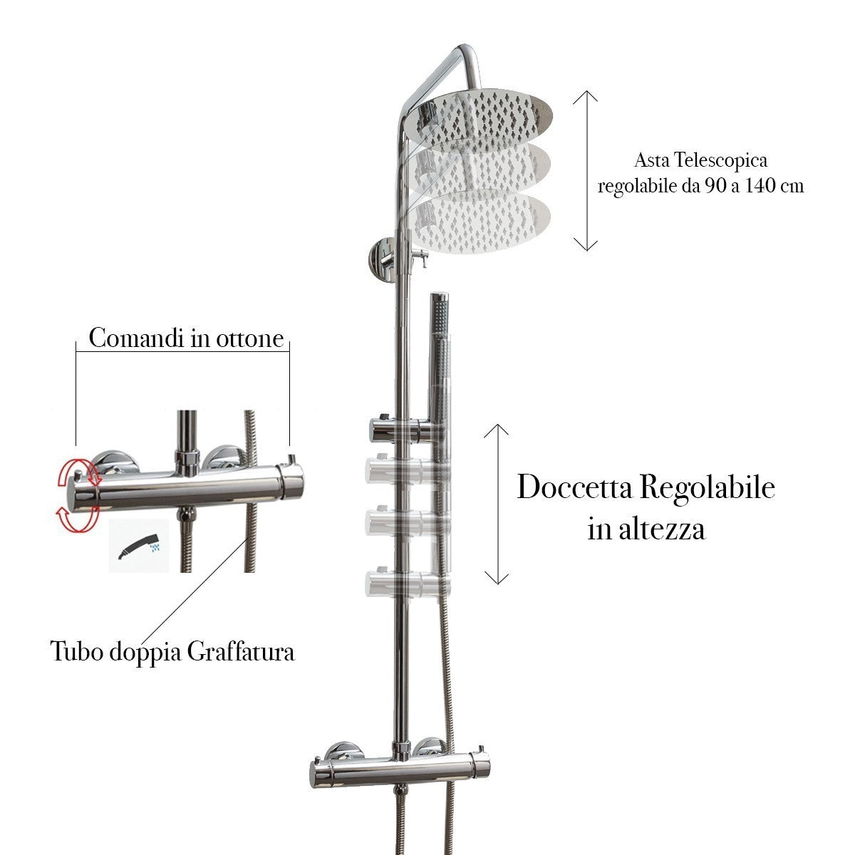 Colonna doccia termostatica cromata con soffione tondo e doccino easy