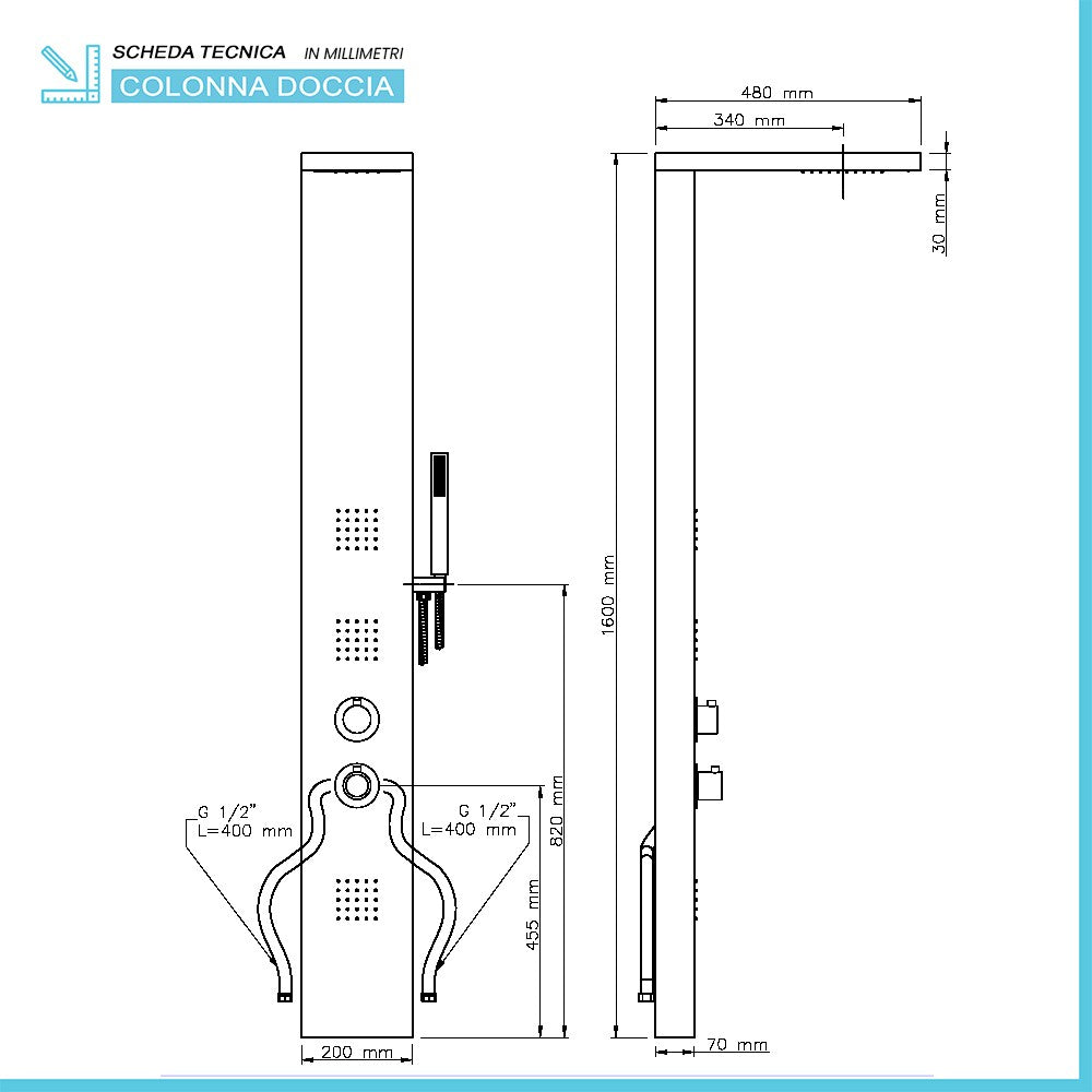 Colonna doccia termostatica in acciaio inox satinato con 4 funzioni 