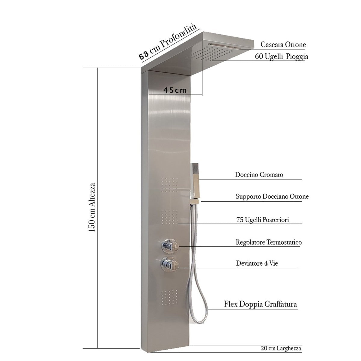 Colonna idromassaggio inox spazzolato termostatica | diamante