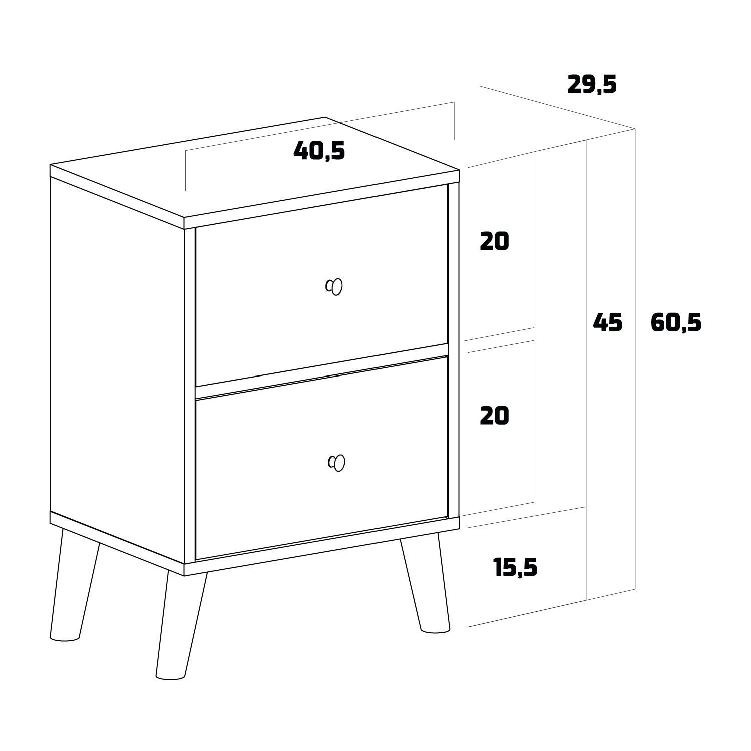 Rocco - Comodino da design in legno con 2 cassetti. Comodino contemporaneo, tavolino da divano o scrivania in stile industrial con piedi in pegno di pino laccato.