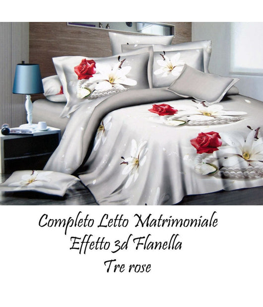 Completo Da Letto In Flanella Effetto 3d Lenzuolo Con Federe Copricuscini Rose         