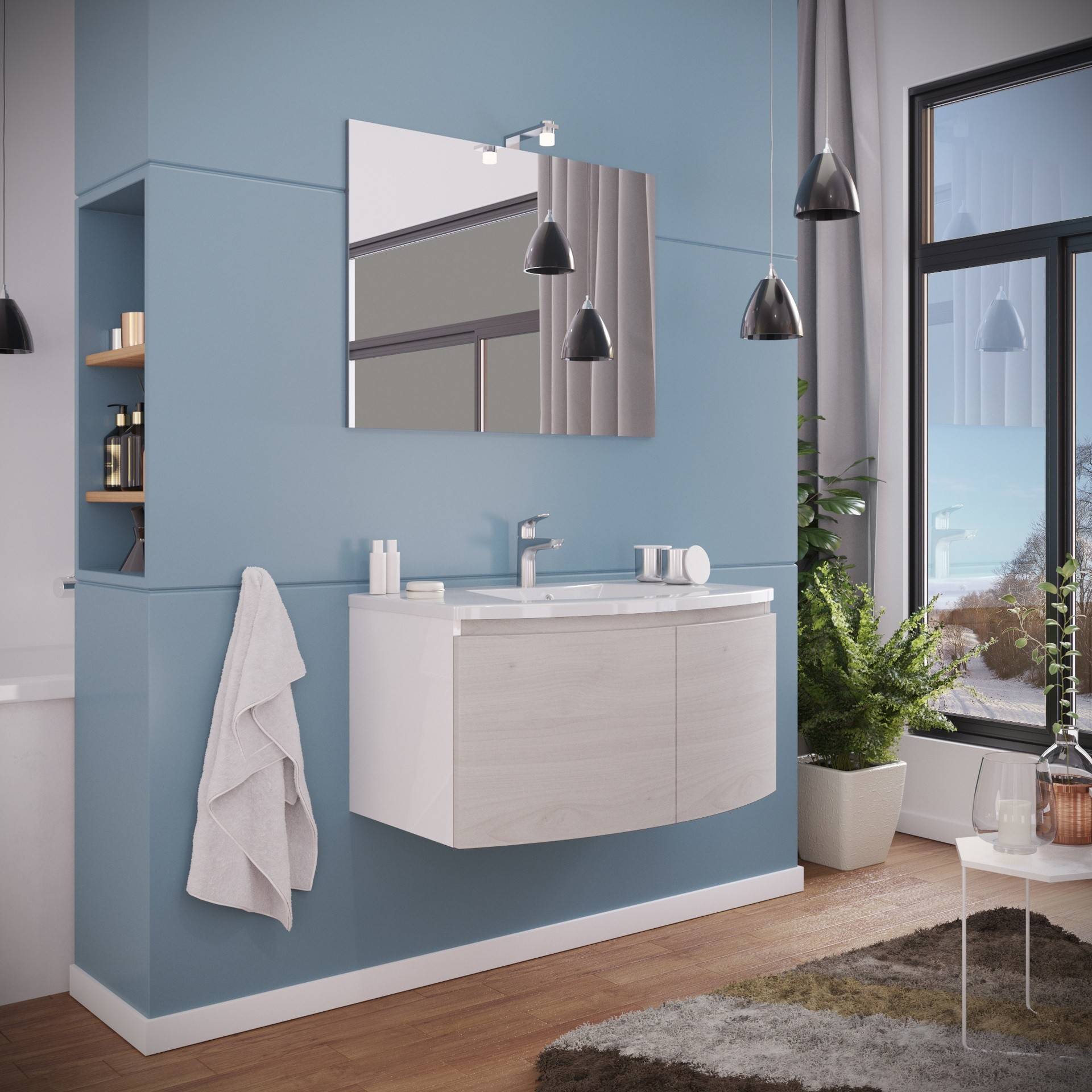 Composizione bagno 2 ante con lavabo in ceramica e specchio con lampada led HDcasa