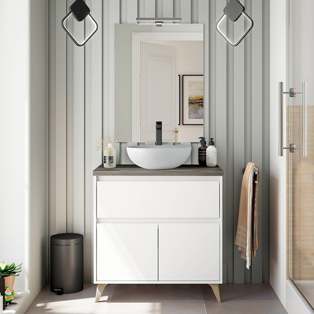 Mobile bagno da terra 80 legno bianco con lavabo e specchio Lucy