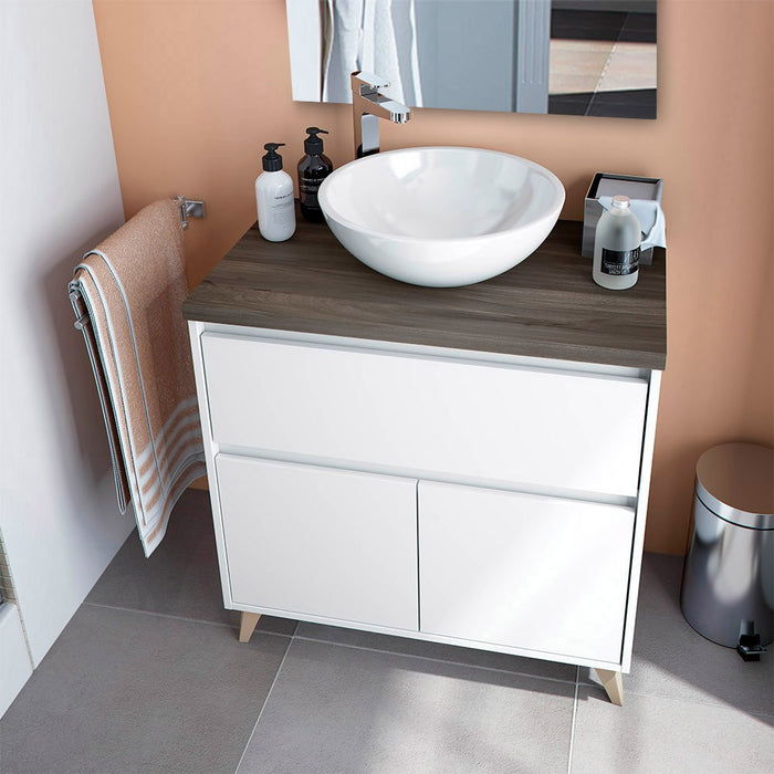 Mobile bagno da terra 80 legno bianco con lavabo e specchio Lucy