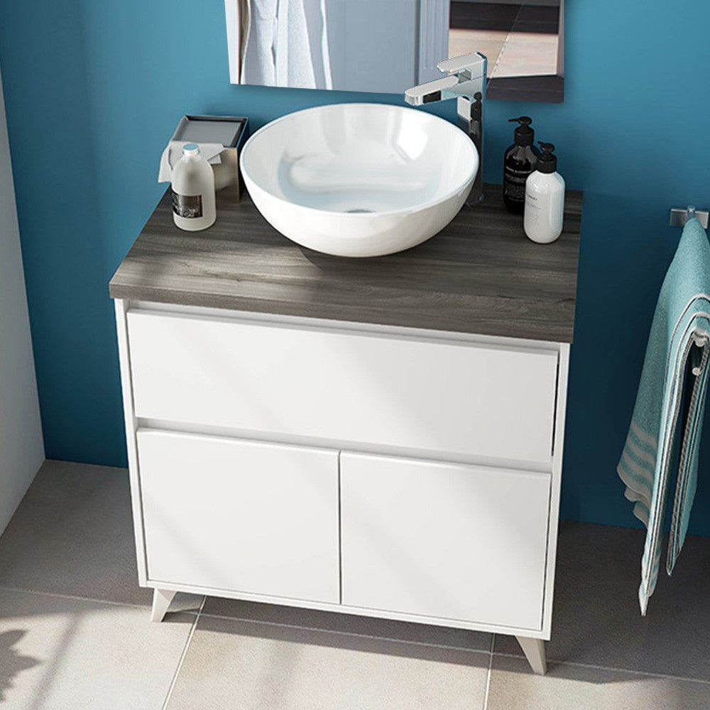 Mobile bagno da terra 80 legno bianco con lavabo e specchio Lucy