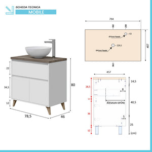 Mobile bagno da terra 80 legno bianco con lavabo e specchio Lucy