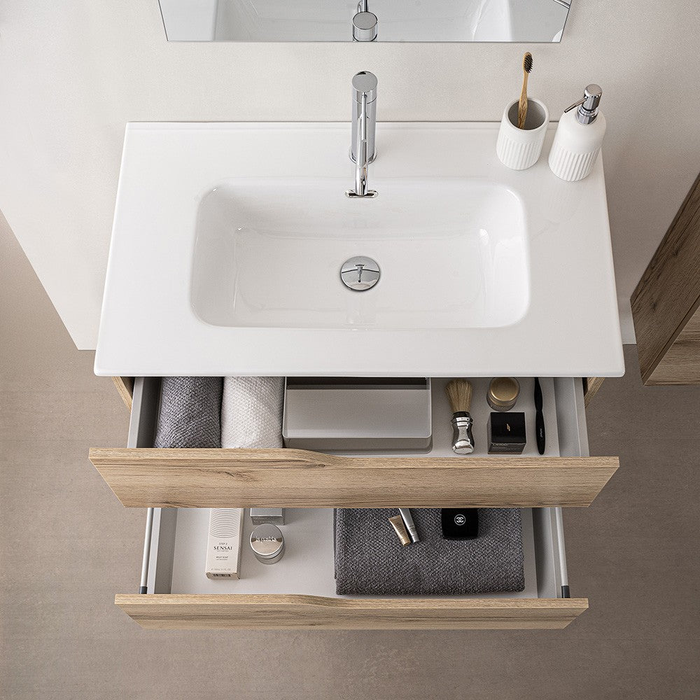 Composizione bagno sospesa 100cm in legno mdf quercia e bianco Sumya