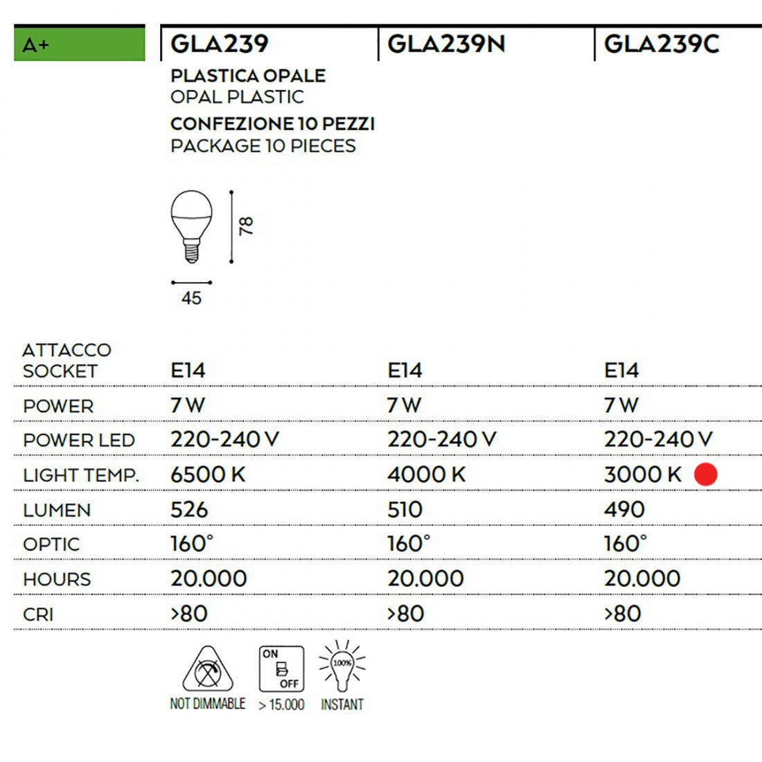 Confezione lampadina gea led gla239c 7w led e14 3000°k 160° 490lm luce calda goccia sfera plastica opale interno