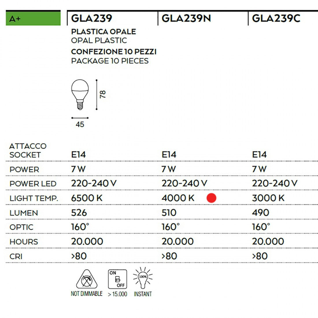 Confezione lampadina gea led gla239n 7w led e14 4000°k 160° 510lm luce naturale goccia sfera plastica opale interno