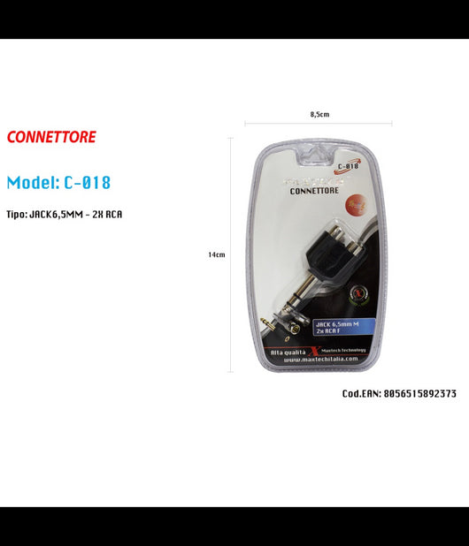 Connettore Adattatore 1 Jack 6,5mm Spina Maschioâ€“2 Rca Femmina Stereo Maxtech C-018         