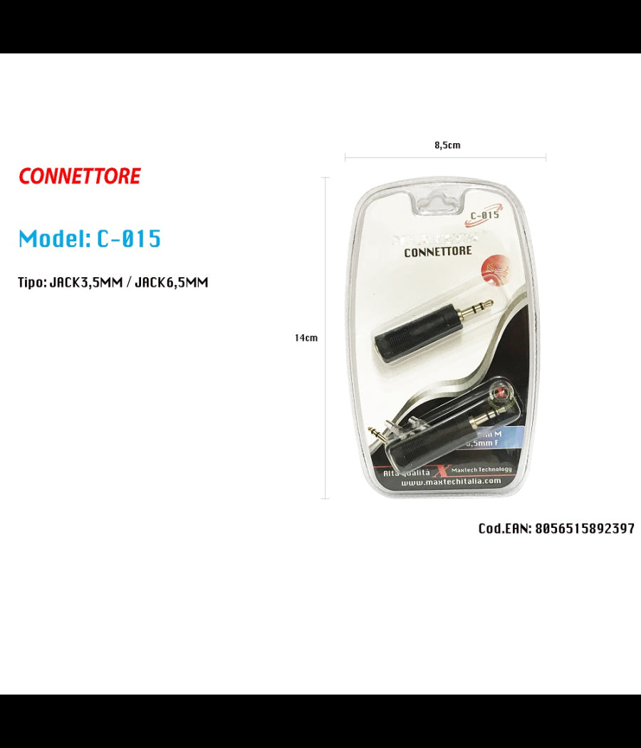 Connettore Adattatore Stereo Jack 3.5mm Maschio - Jack 6.5mm Femmina Maxtech C-015         