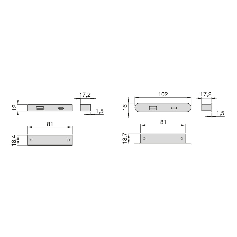 Connettore USB A+C Linky (81x12mm), 5V DC 2A (10W), Plastica nera, Tecnoplastica