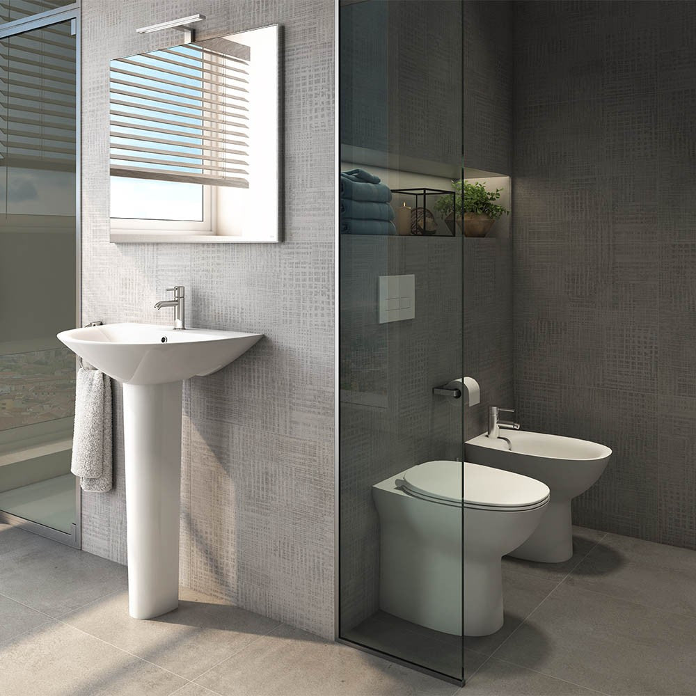 Coppia di sanitari filomuro Morning con WC rimless + bidet + copriwc