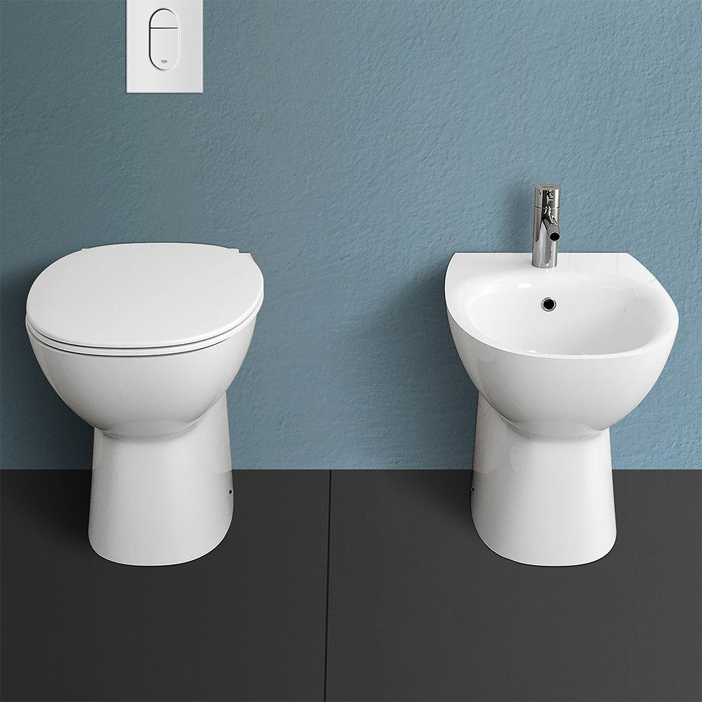 Coppia di sanitari filomuro Morning con WC rimless + bidet + copriwc