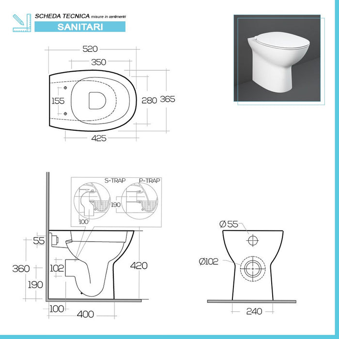 Coppia di sanitari filomuro Morning con WC rimless + bidet + copriwc