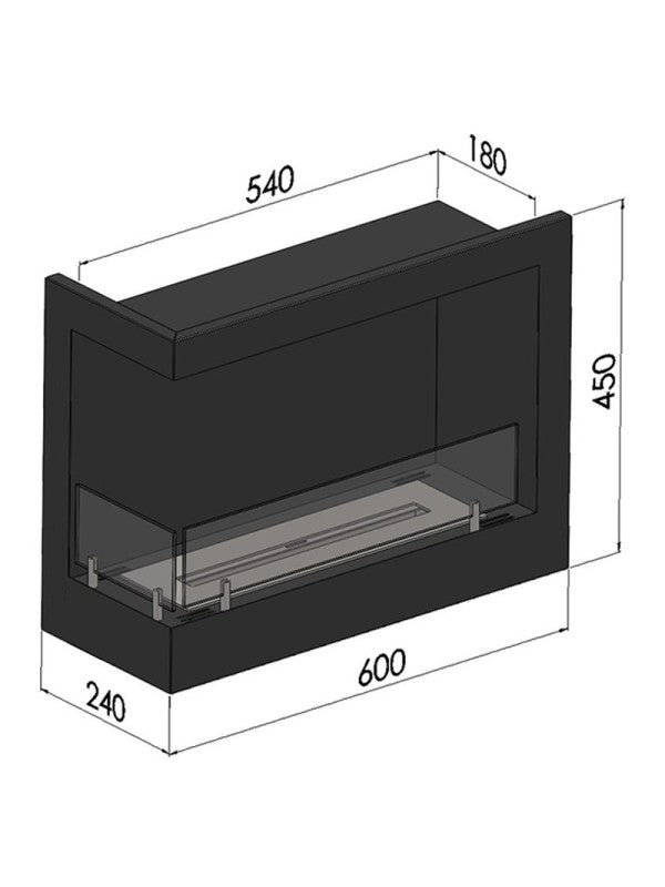 CORN 600 - Biocamino angolare, camino a bioetanolo da incasso. Apertura sinistra - con Vetro