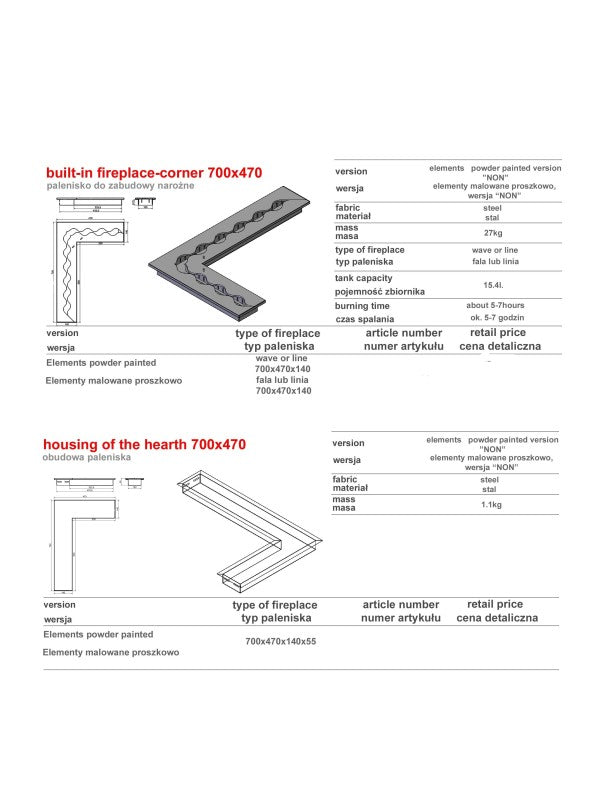 CORNER L 700 - Bruciatore/Inserto A Bioetanolo angolare Da Incasso