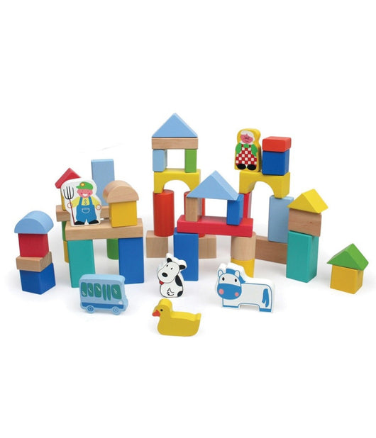 Costruzioni In Legno 50pz Blocchi Mattoncini Costruzione Bambini Con Contenitore         