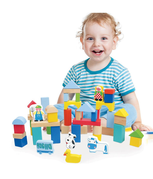 Costruzioni In Legno 50pz Blocchi Mattoncini Costruzione Bambini Con Contenitore         