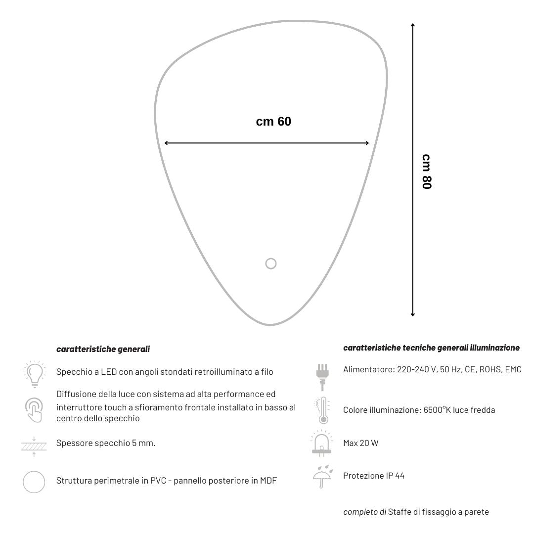 Ogomondo specchio 5 mm triangolare stondato retroilluminato interruttore touch *** misure 60x80 cm, tonalità standar...