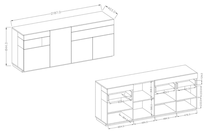 Credenza moderna antracite e rovere naturale, 4 ante e 2 cassetti ZHESILKECRED01