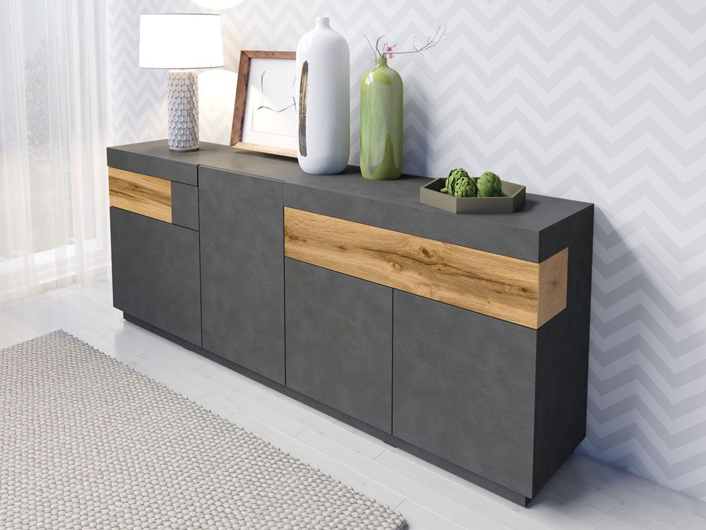 Credenza moderna antracite e rovere naturale, 4 ante e 2 cassetti ZHESILKECRED01