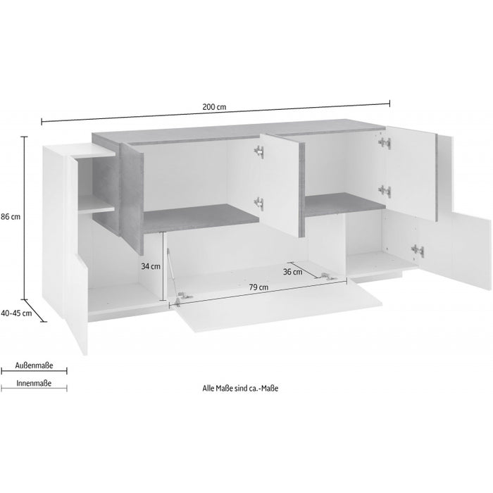 Credenza New Coro 200 – 7 ante – Bianco Lucido/Ardesia