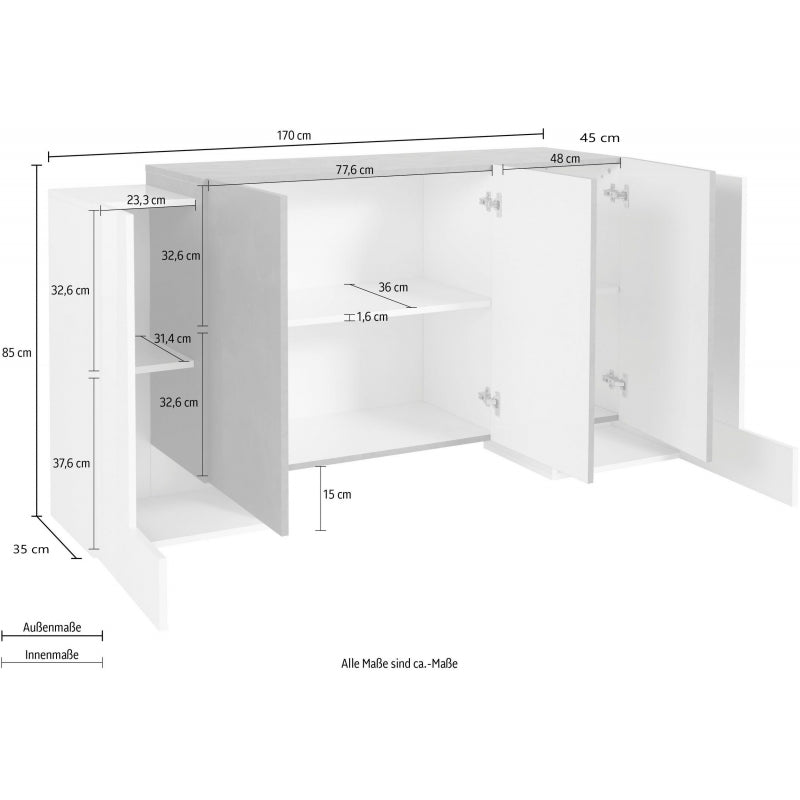 Credenza Pillon 170 2 Ante + 3 Ante Colore Bianco Lucido/Acero Pereira