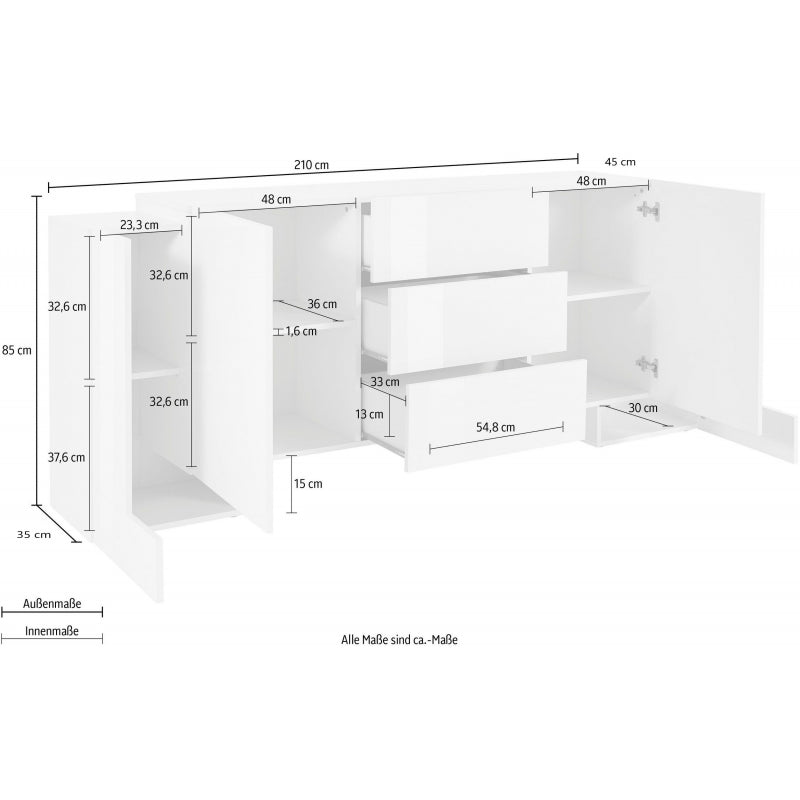 Credenza Pillon 210 2+2 Ante + 3 Cassetti Colore Bianco Lucido/Acero Pereira