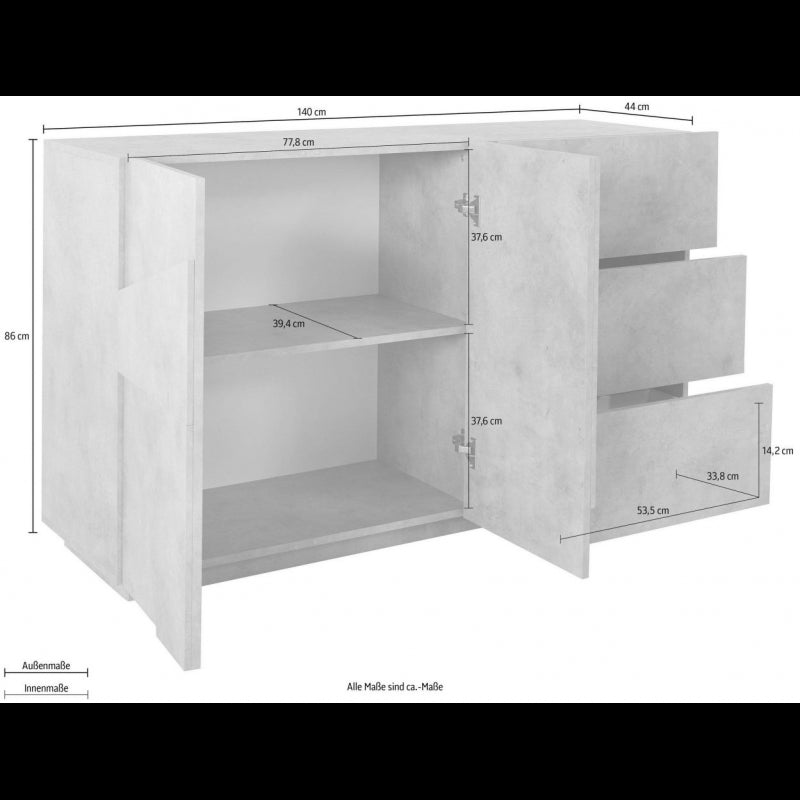 Credenza Ping 140 2 Ante/3 Cassetti Cemento Bronx