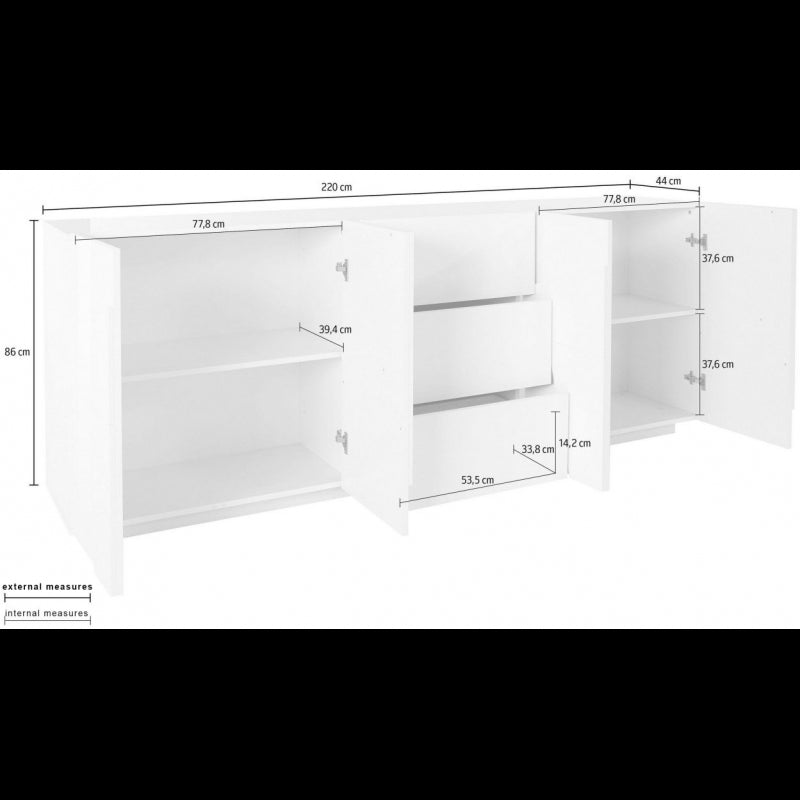 Credenza Ping 220 4 Ante/3 Cassetti Colore Bianco Lucido