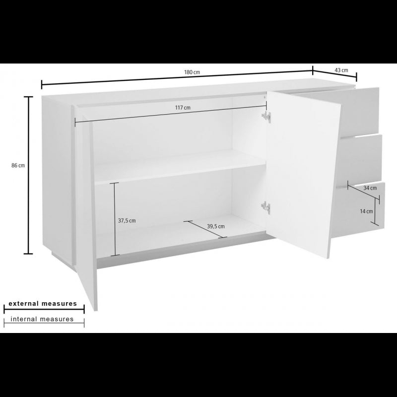 Credenza Vega 180 2 Ante/3 Cassetti Colore Bianco Lucido