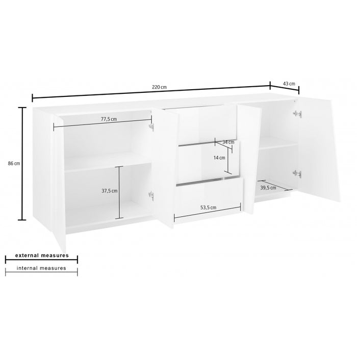 Credenza Vega 220 4 Ante/3 Cassetti Colore Bianco Lucido