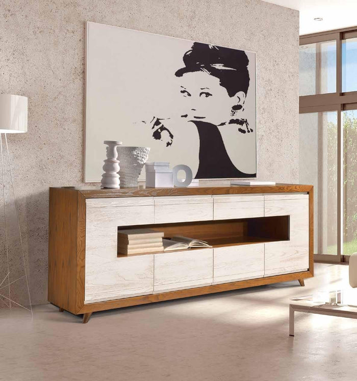 Credenza in frassino bianco patinato semilucido  2 porte 4 cassetti l.213 p.45 h.87,5